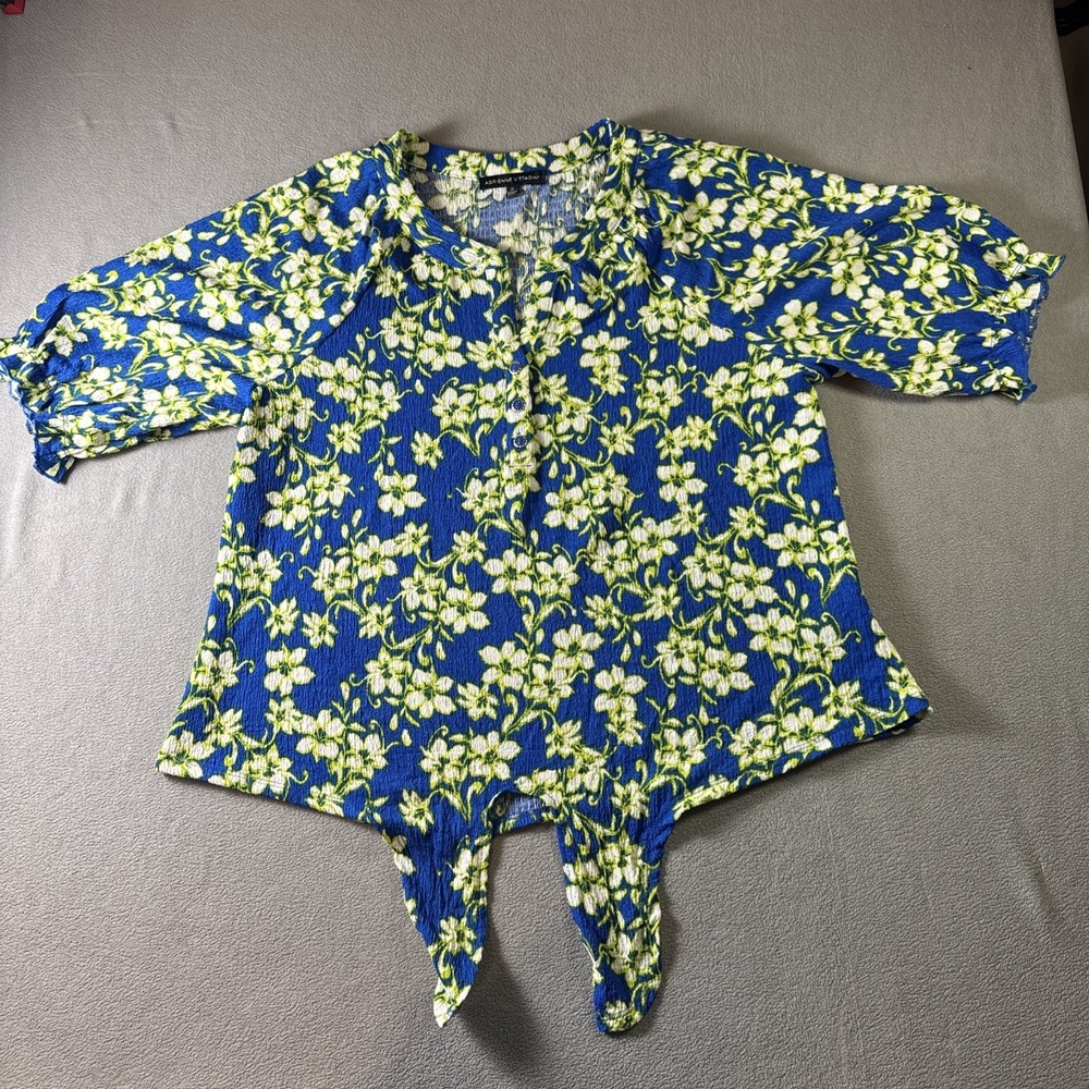 Adrienne Vittadini Womens Size XL Blue Floral Tie Front Blouse Top Short Sleeve